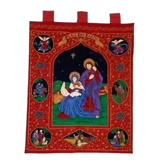 Handmade Wall Hanging Peace On Earth Christmas Nativity Scene Holiday 36"x28" - Picture 1 of 2